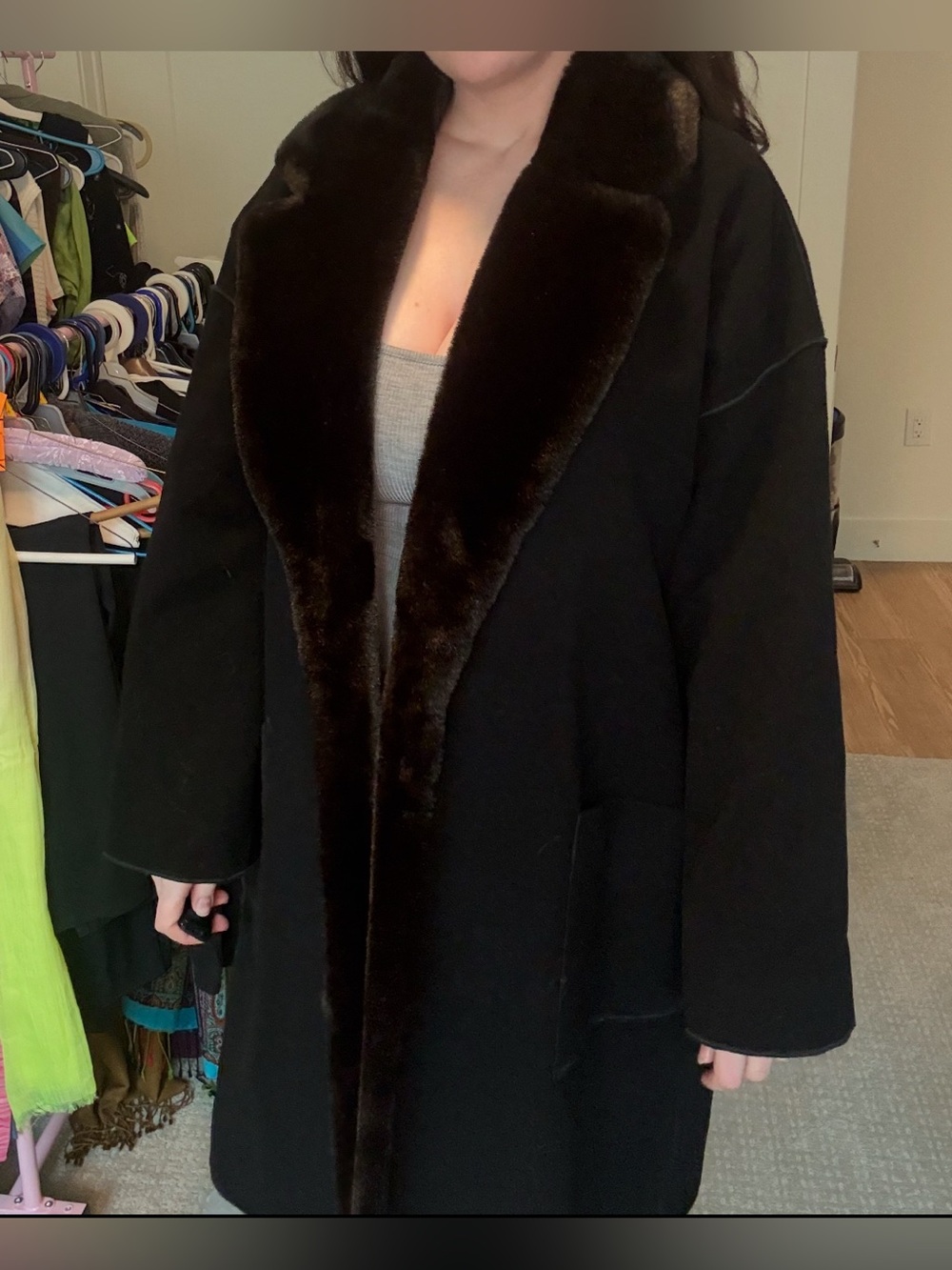 Mob Wife Aesthetic ✨ Black Wool Blend Coat with Brown Fur Trim by Nicole Farhi